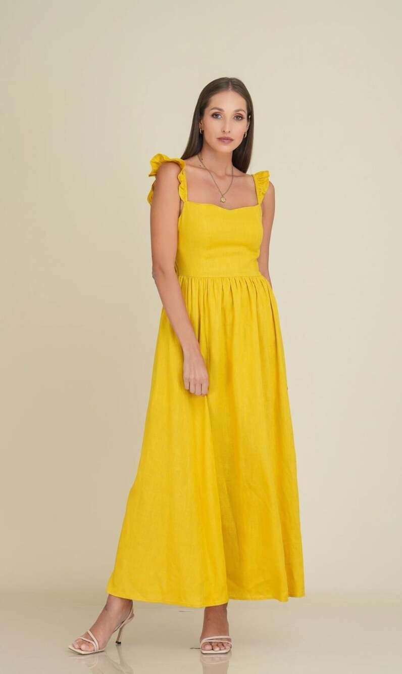 VICI Women's Yellow Sleeveless Ruffle Strap Maxi Dress